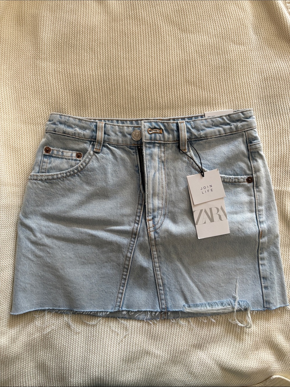 ZARA Light Wash Denim Mini Skirt with Frayed Hem